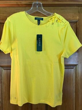 Lauren Ralph Lauren Bright Yellow Short Sleeve Tee with Lace-Up Shoulder